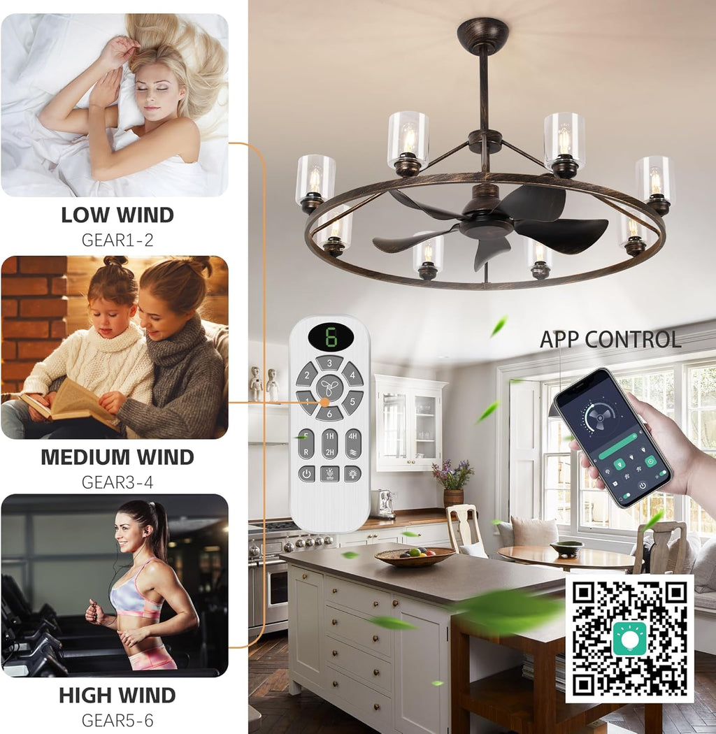 44' Large Ceiling Fans with Lights Wagon Wheel Chandelier, Farmhouse Fandelier Classical Black Fans with Glass Lampshade Light Fixture,App, 6 Speed,Timing,Adjustable Height for Dining Room Living Room