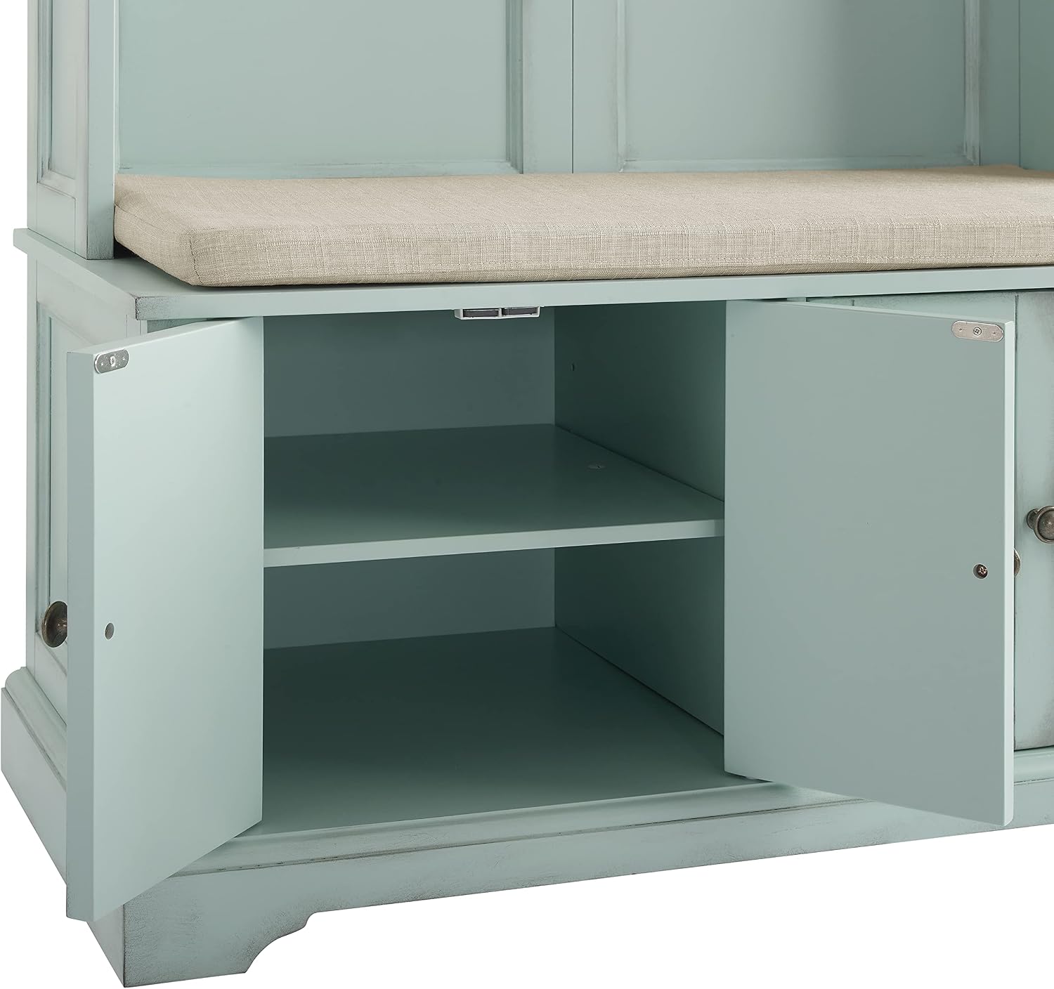 Crosley Furniture Holbrook Hall Tree with Shoe Rack Bench and Coat Hooks for Hanging Storage, Distressed Seafoam Blue