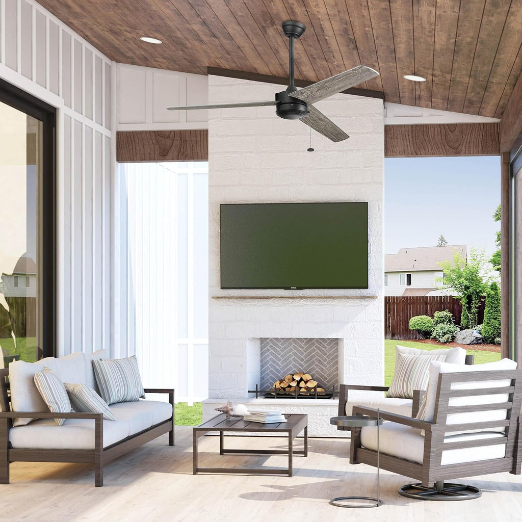 Prominence Home Tenant, 52 Inch Contemporary Indoor Outdoor LED Ceiling Fan, No Light, Pull Chain, Dual Mounting Options, 3 Dual Finish Blades, Reversible Airflow - 51866-01 (Matte Black)