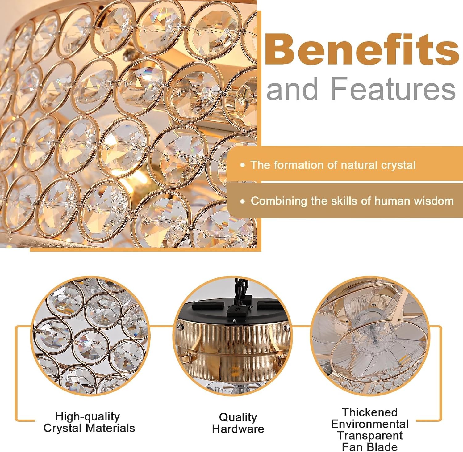 20 Inch Gold Crystal Fandelier Ceiling Fans with Lights, Ceiling Fans with Lights Remote Control, Mid Century French Caged Fandelier with 6 Speeds for Bedroom, Living Room