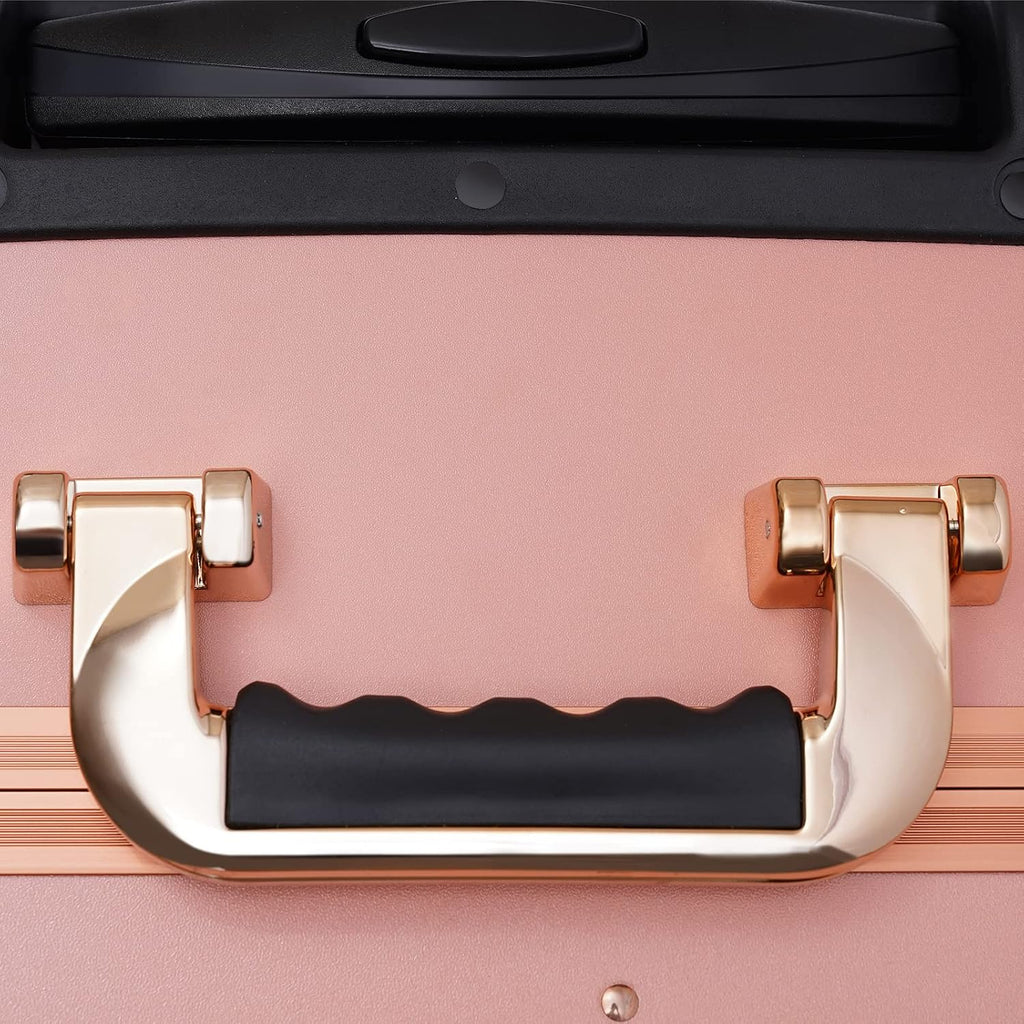 Rolling Makeup Case with LED Mirror & 3 Light Colors, 22'' Aluminum Trolley Makeup Train Case with Reinforced Lock, Cosmetic Organizer Case for Hairstylist (Rose Gold)