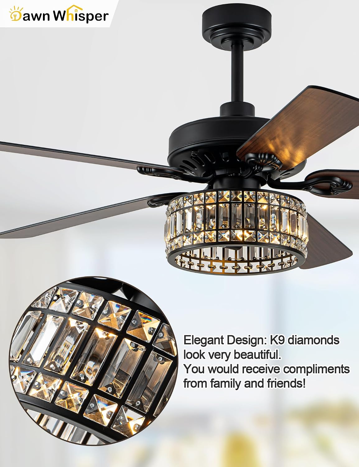 Dawn Whisper 52 Inch Black Crystal Chandelier Ceiling Fans with Lights Modern Farmhouse Vintage Ceiling Fans for Living Room Bedroom Quiet Reversible DC Motor 6 Speeds 3*E26 Light Bulbs Base