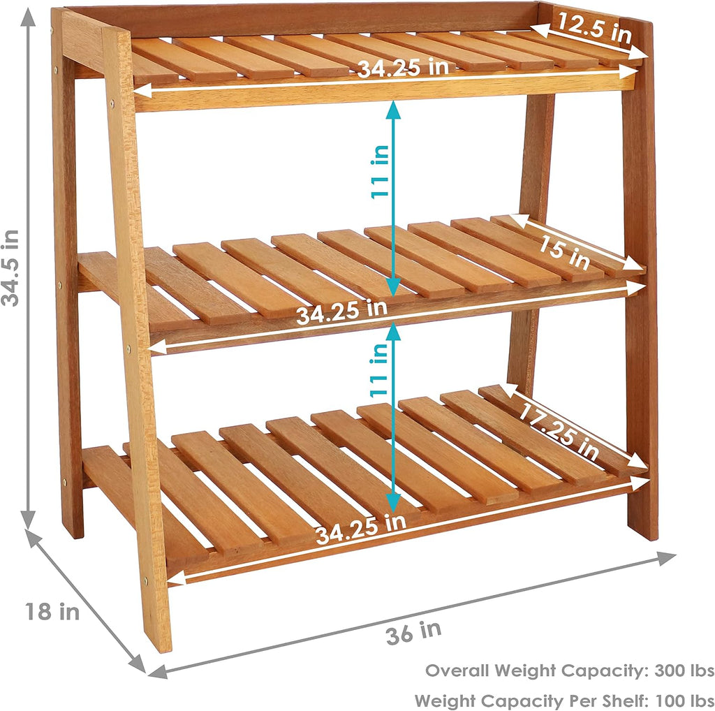 Sunnydaze Outdoor Meranti Wood 3-Tiered Garden Shelf with Teak Oil Finish