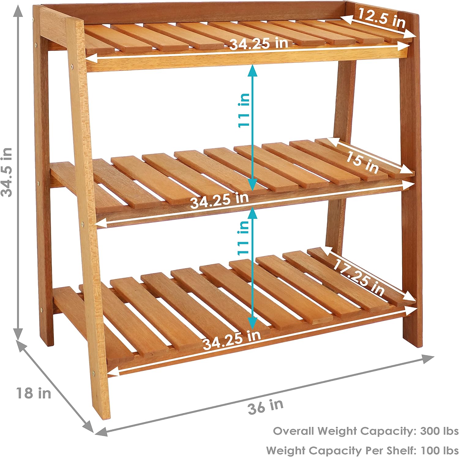 Sunnydaze Outdoor Meranti Wood 3-Tiered Garden Shelf with Teak Oil Finish