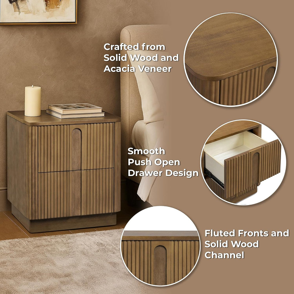 Teamson Home 20'' W Modern Storage 2-Drawer Push to Open Nightstand with Solid Wood Frame, Bedside Table Bedroom Furniture with Reeding Pattern in Scandinavian Style, Greige