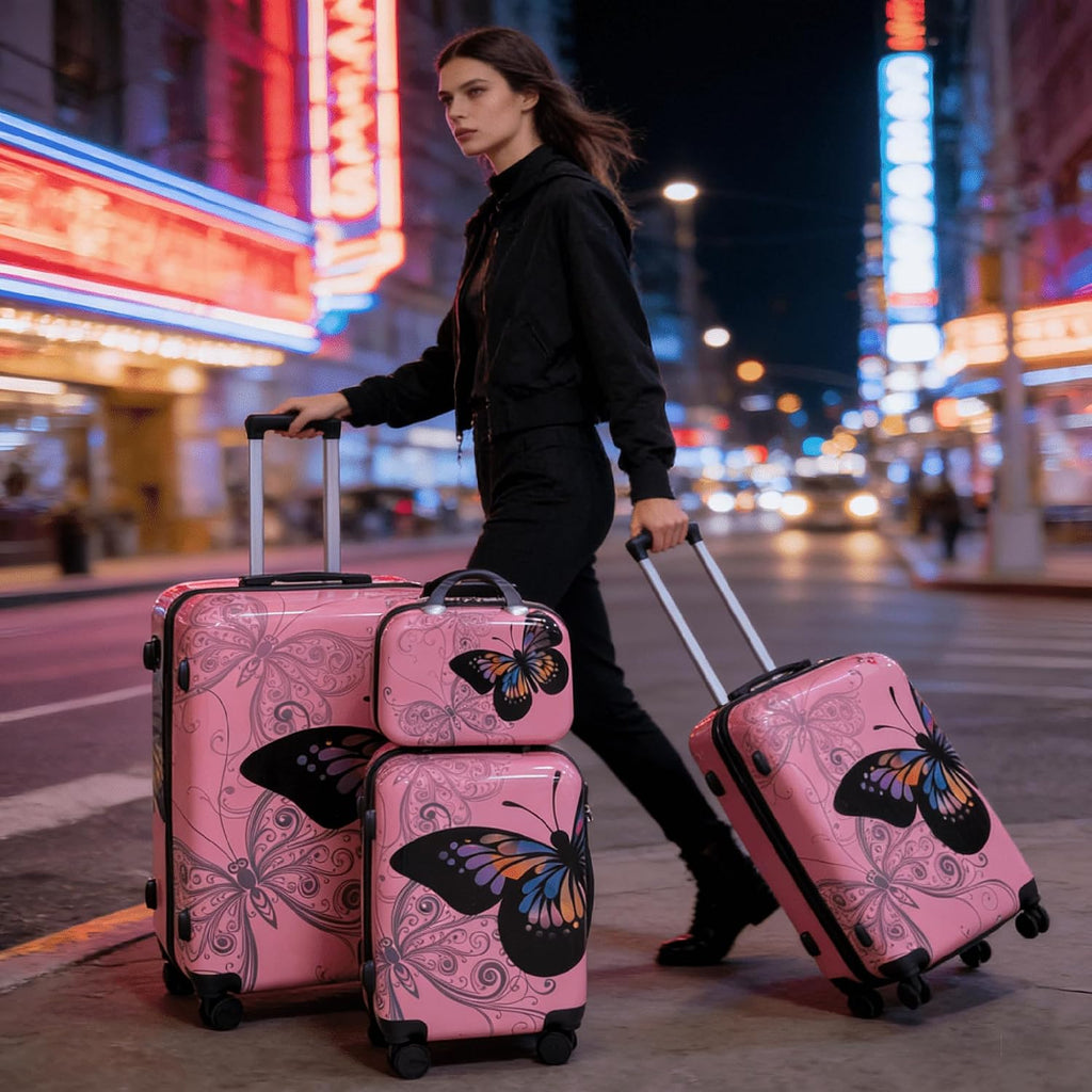 Pink Butterfly 4-Piece Luggage Set, Hard Shell ABS+PC with 360° Spinner Wheels, Combination Lock, Glossy Scratch-Resistant Surface & Waterproof Interior (20/24/28'+14' Bag)