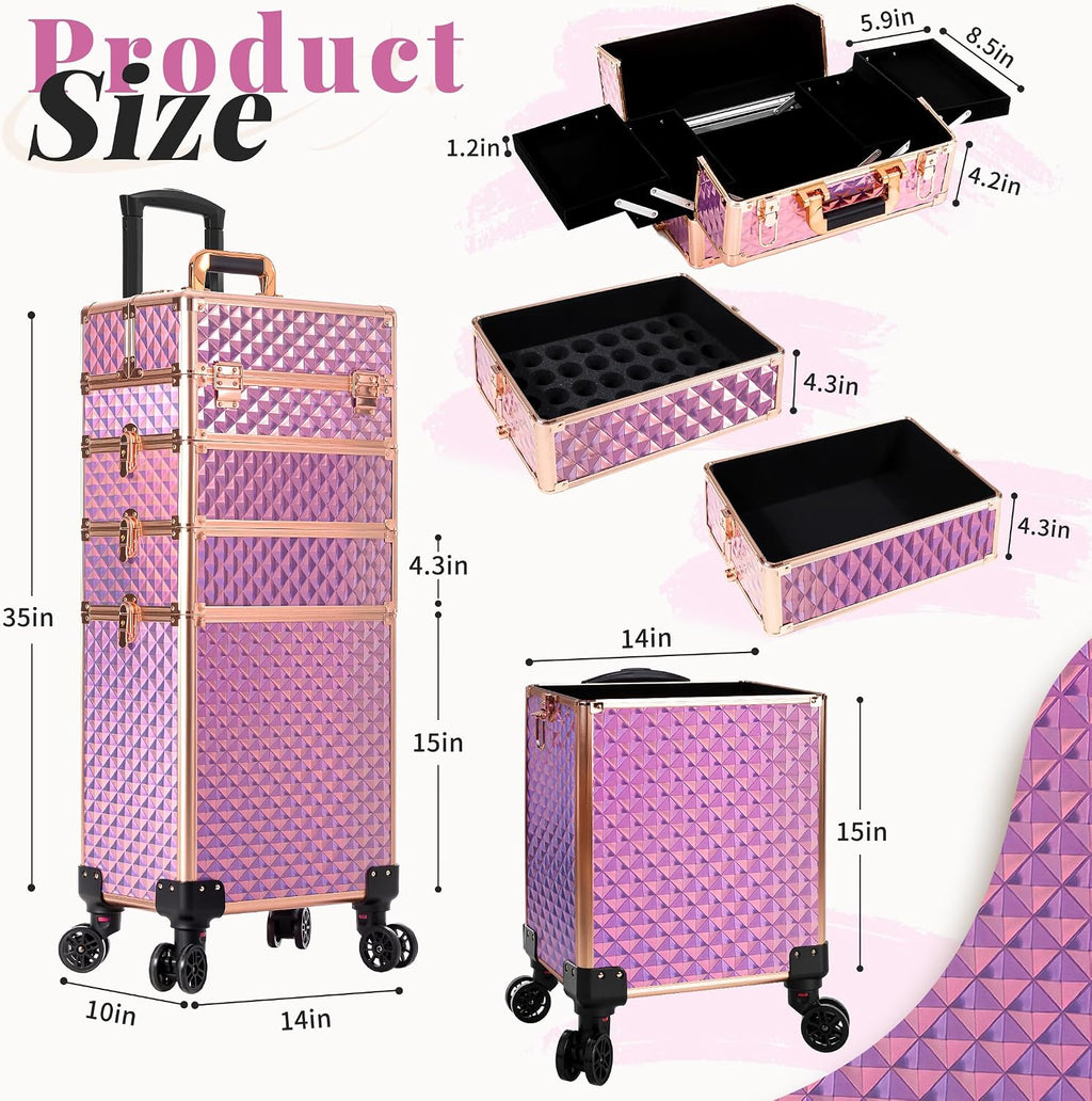 AROUS Rolling Makeup Train Case 4 in 1 Cosmetology Case on Wheels Large Storage Cosmetic Trolley with Key Salon Barber Case Traveling Cart Trunk, Pink