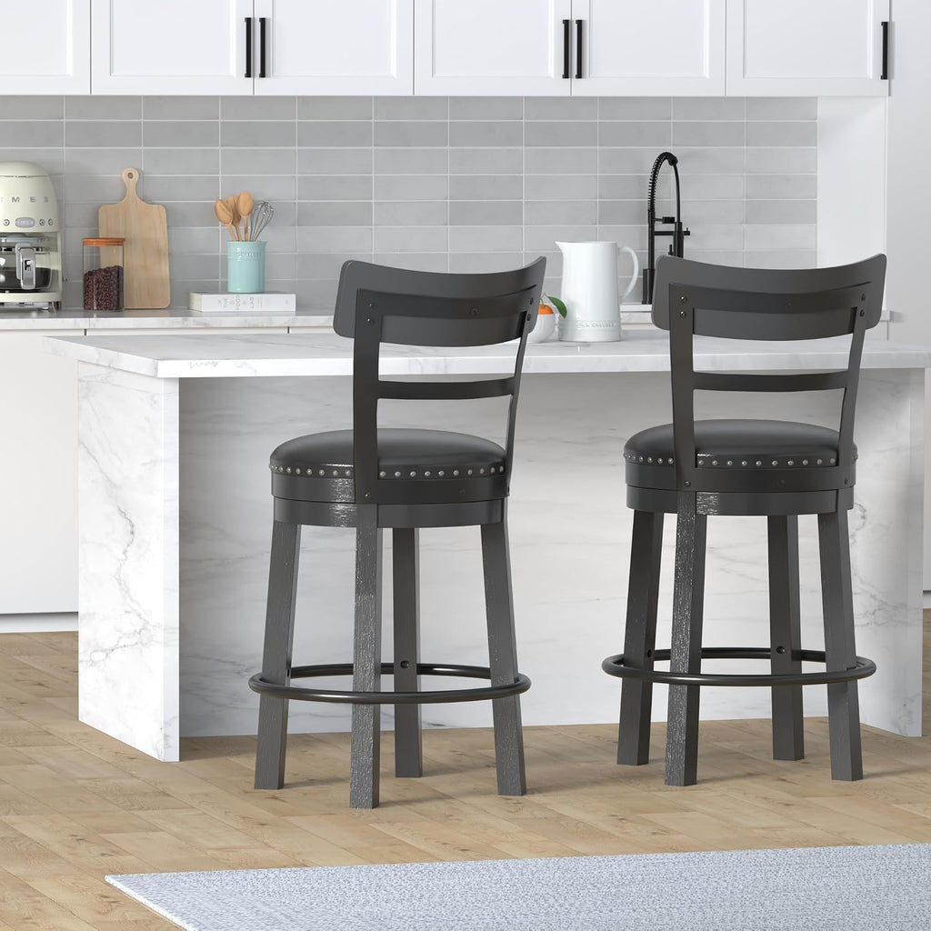 Signature Design by Ashley Valebeck Faux Leather Upholstered Swivel Barstool, Nailhead Trim, Solid Wood, 16.75' W x 19.75' D x 37.25' H, Antique Black