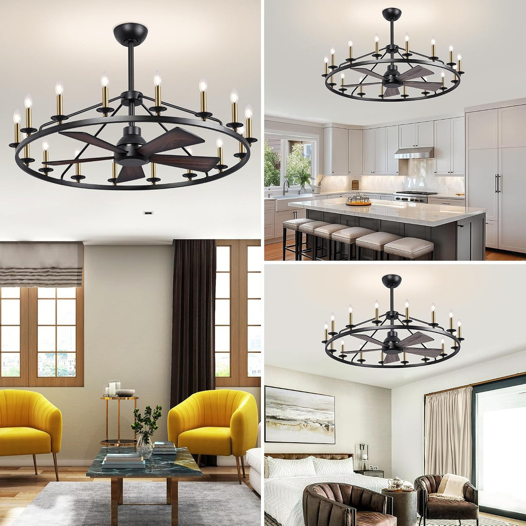 44' Wagon Wheel Chandelier with Fans, Black and Gold Wagon Wheel Ceiling Fan with 16-Light and Remote, Farmhouse Chandelier for Living Room, Adjustable Height, 6-Speed Reversible Quiet Large Fandelier