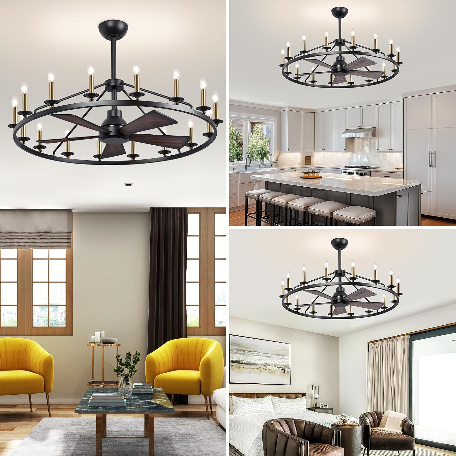 44' Wagon Wheel Chandelier with Fans, Black and Gold Wagon Wheel Ceiling Fan with 16-Light and Remote, Farmhouse Chandelier for Living Room, Adjustable Height, 6-Speed Reversible Quiet Large Fandelier