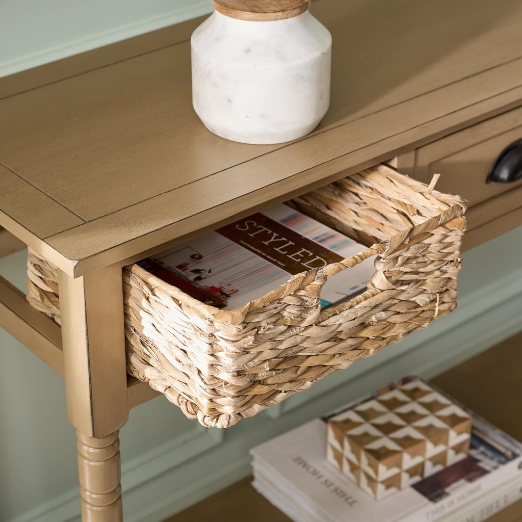 SAFAVIEH Home Collection - Christa Entryway Console Table, Desert Brown Solid Wood 3-Drawer Storage Sofa Table with Rattan Baskets (AMH5737L)