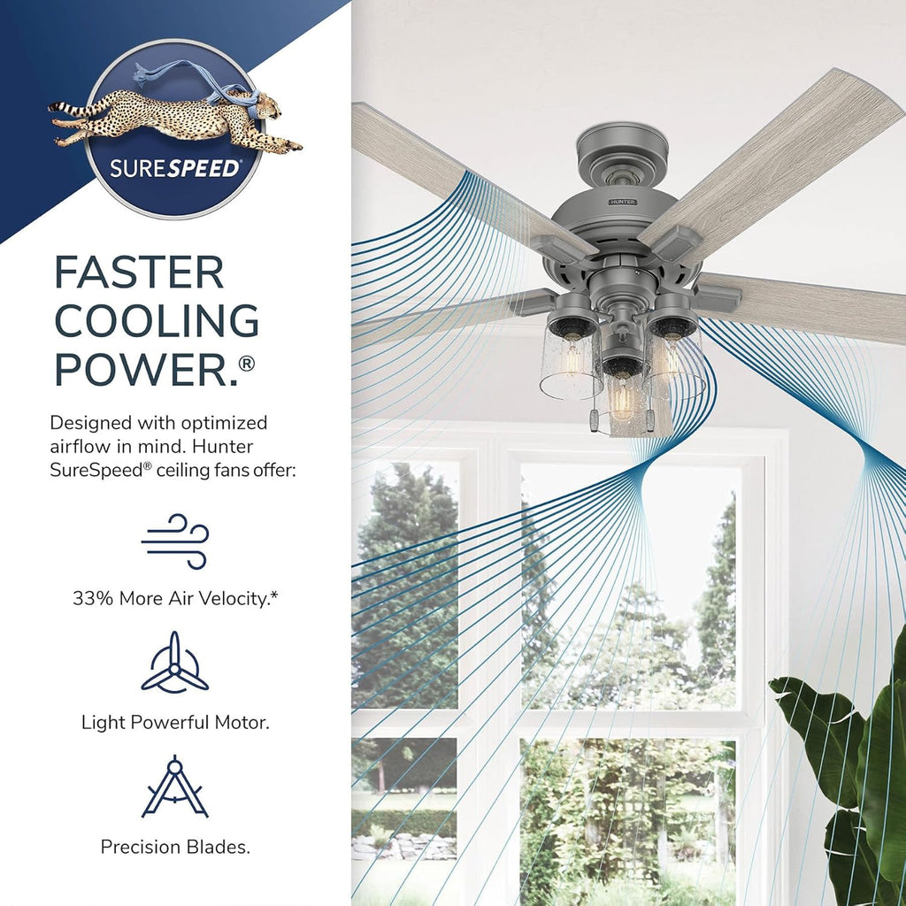 Hunter 52 inch Indoor Ceiling Fan with LED Lights - Ceiling Fan with Pull Chain, For Bedroom, Living Room, or Kitchen, Standard Mount, No Remote, 5 Blades - Hartland 50651, Matte Silver