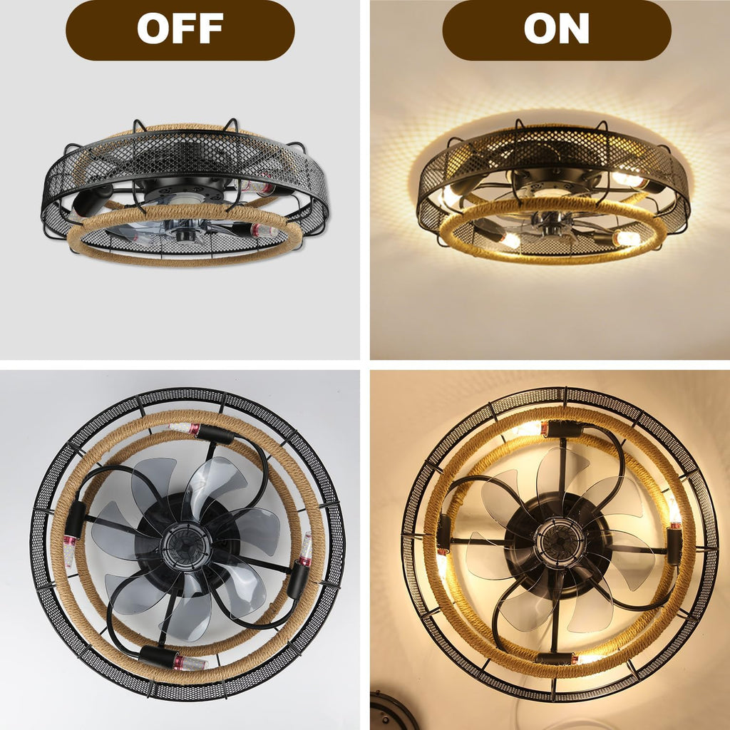 Ceiling Fans with Lights Flush Mount, 20 Inch Caged Low Profile Ceiling Fans with 3 Mode Lighting and Remote Control with E26 Bulbs for Bedroom, Nursery, Garage (Black)