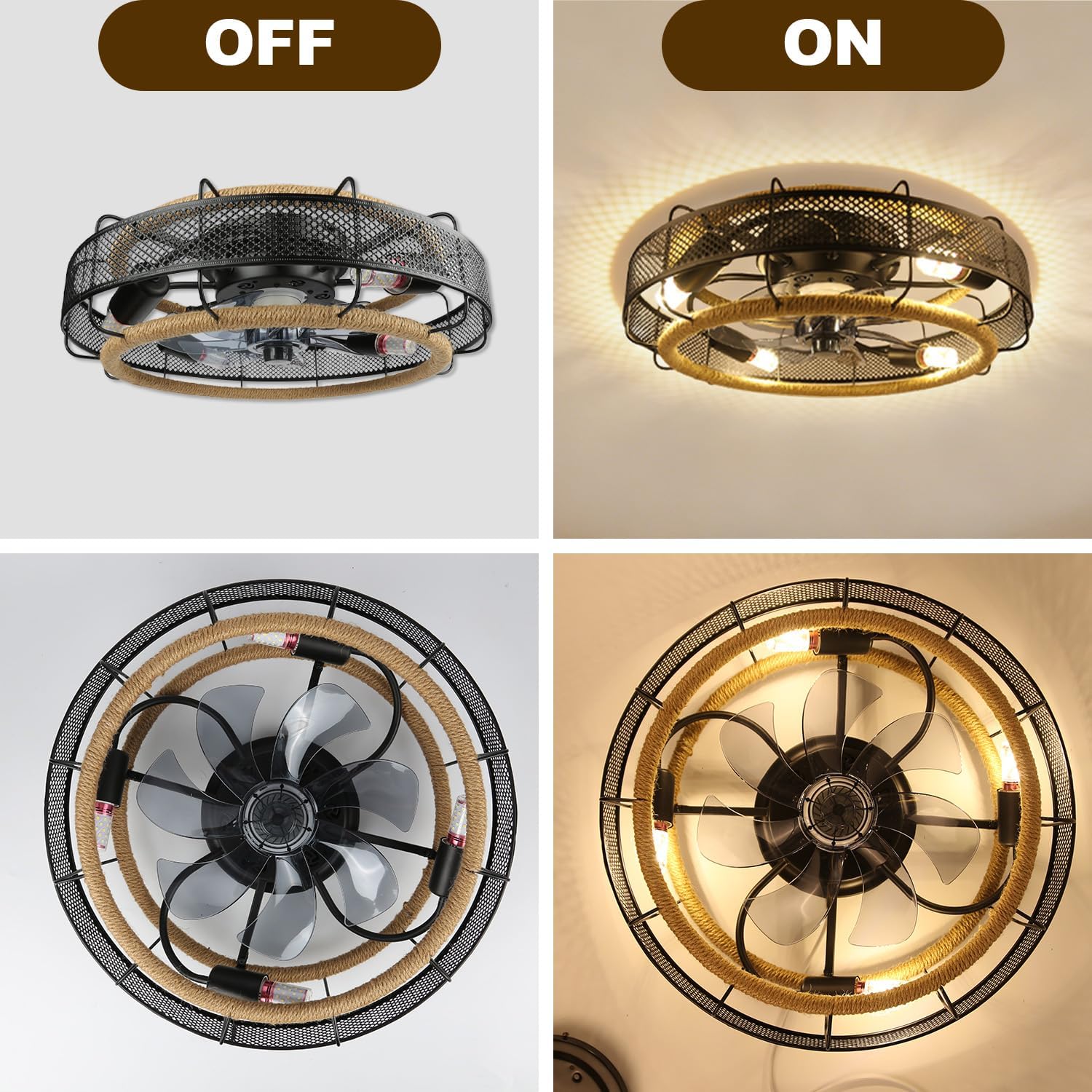 Ceiling Fans with Lights Flush Mount, 20 Inch Caged Low Profile Ceiling Fans with 3 Mode Lighting and Remote Control with E26 Bulbs for Bedroom, Nursery, Garage (Black)