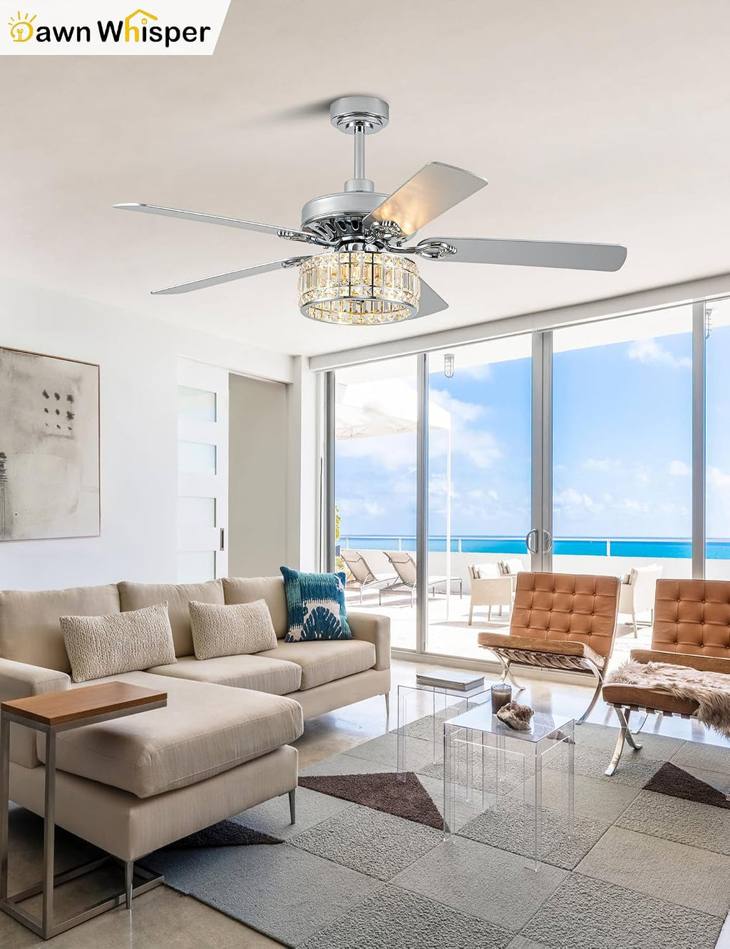 Dawn Whisper 52 Inch Modern Ceiling Fans with Lights Low Profile Fandelier Ceiling Fan with Light for Living Room Bedroom Kitchen Crystal Chandelier Fan Quiet Reversible DC Motor 6 Speeds Silver