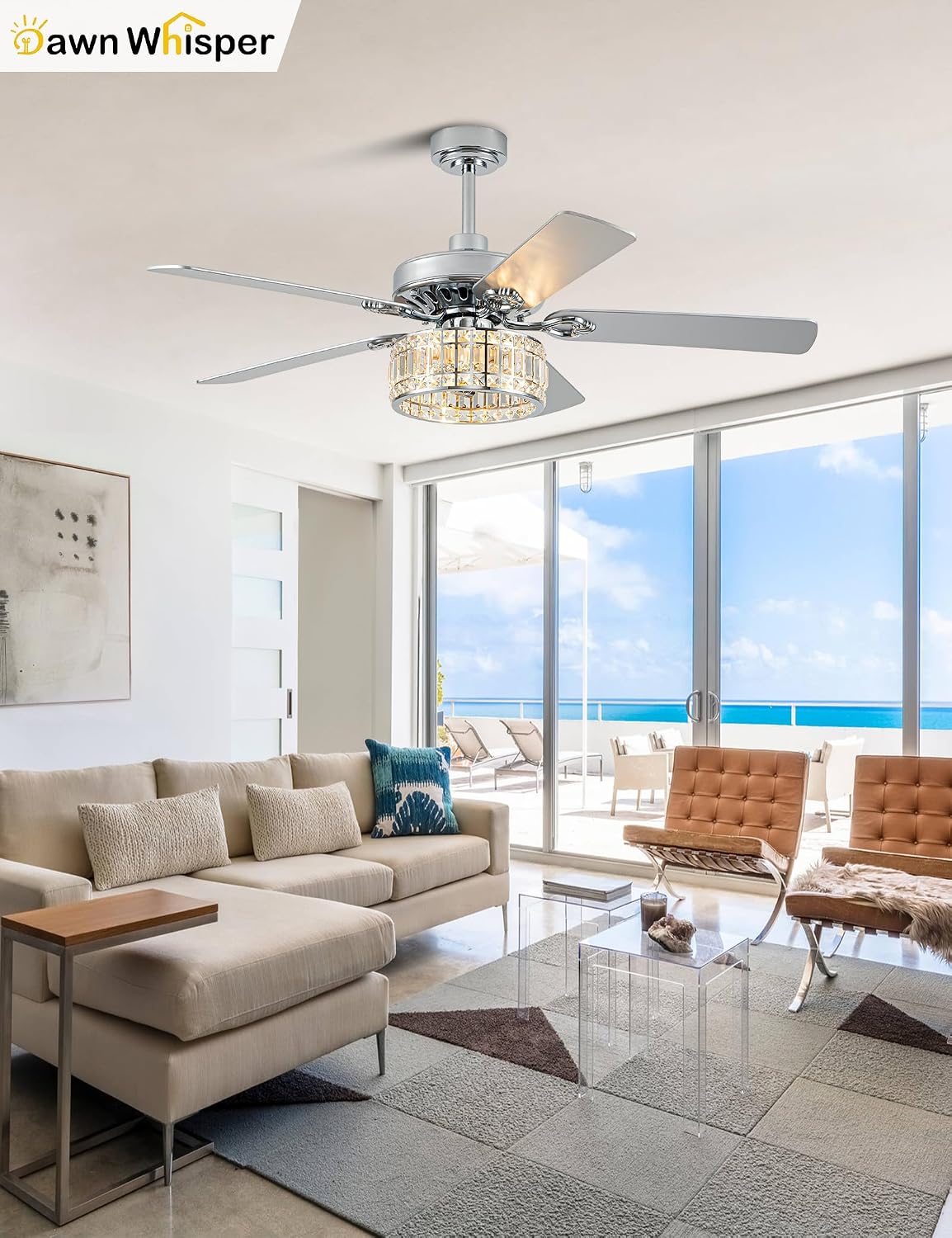 Dawn Whisper 52 Inch Modern Ceiling Fans with Lights Low Profile Fandelier Ceiling Fan with Light for Living Room Bedroom Kitchen Crystal Chandelier Fan Quiet Reversible DC Motor 6 Speeds Silver
