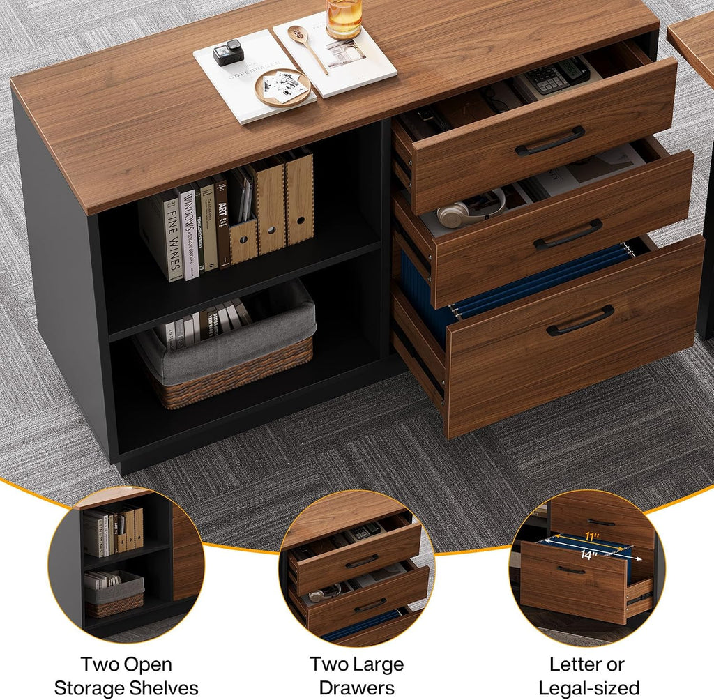 Tribesigns 63'' L-Shaped Executive Desk, Office Table with 39.37-Inch Drawers Cabinet, Large Computer Desk with Storage Shelves, Business Furniture Set for Home Office, Brown & Black