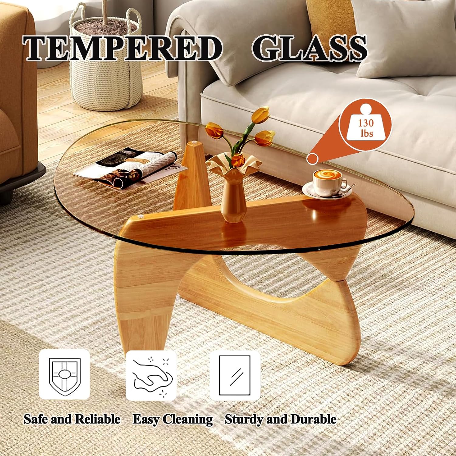 Modern Glass Coffee Table for Living Room, Mid Century Coffee Table, Small Coffee Tables, Suitable for Bedroom Living Room Reception Office Tables (Wood/Brown, Medium 35.8 * 25.5 * 16in)