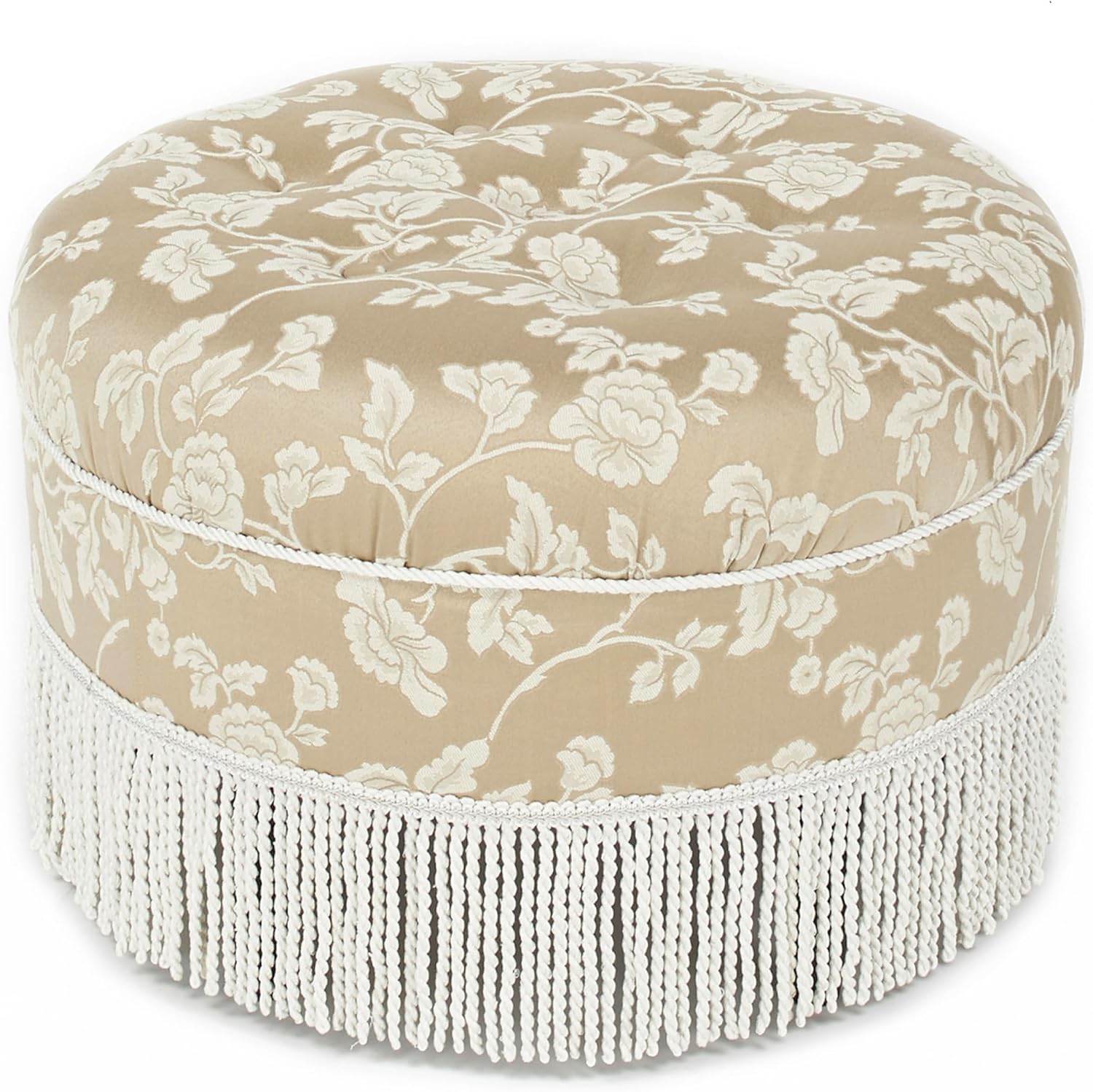 Jennifer Taylor Home Yolanda Collection Traditional Modern Cotton Blend Hand Tufted with Cord and Fringe Round Ottoman, Neutral 24' x 14'