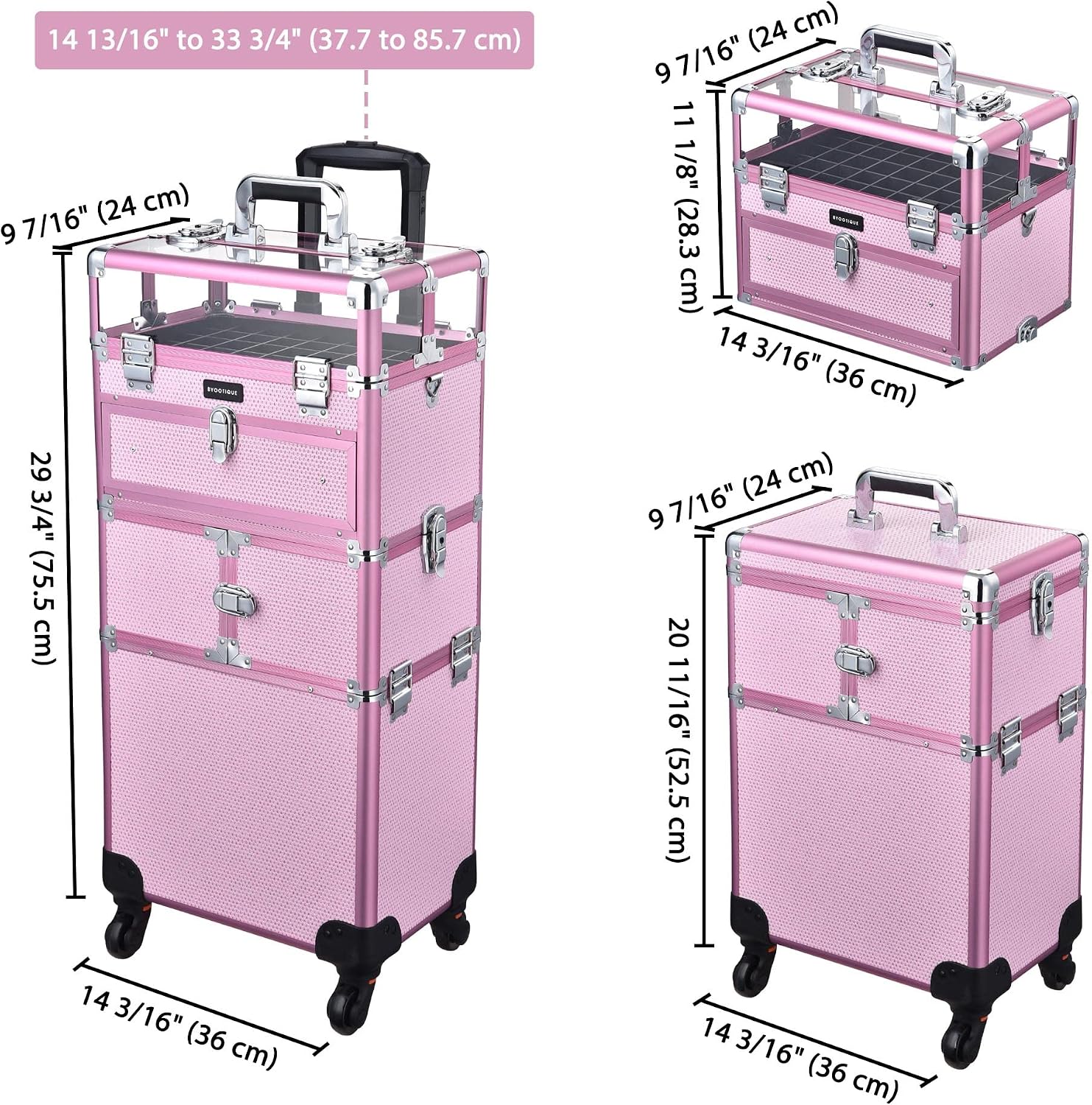 BYOOTIQUE 2in1 Nail Polish Organizer Rolling Makeup Train Case Manicure Cosmetic Trolley Travel Organizer Nail Case with Clear Lid Extendable Trays 4 removable wheels 54 Slots (Pink)