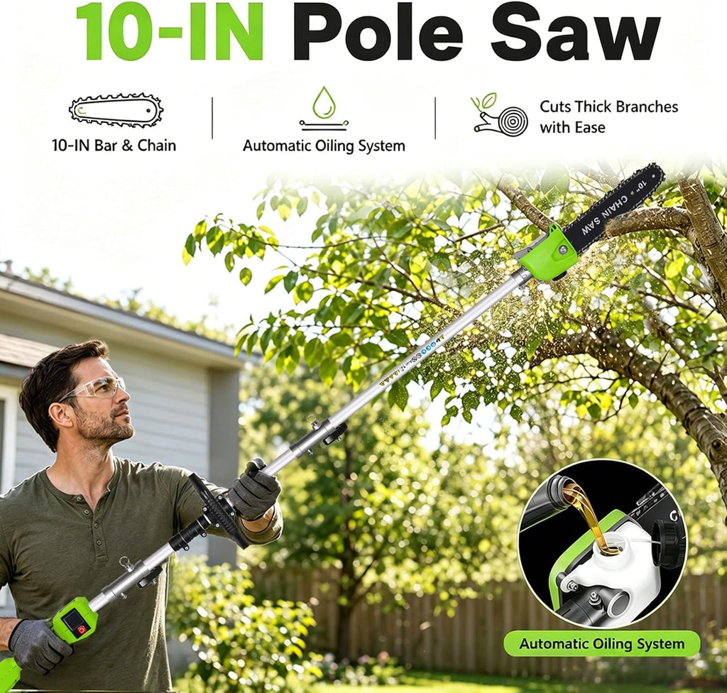 4-in-1 Cordless Pole Hedge Trimmer, Pole Saw, Weed Wacker, String Trimmer Edger & Brush Cutter Kit with 2 x 5.0Ah Batteries