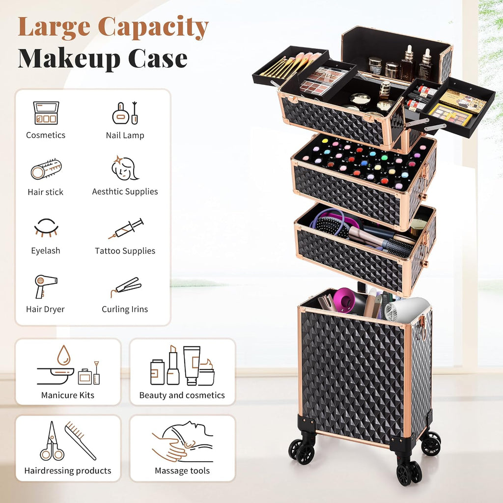 AROUS Rolling Makeup Train Case 4 in 1 Cosmetology Case on Wheels Large Storage Cosmetic Trolley with Key Salon Barber Case Traveling Cart Trunk,Gold&Black