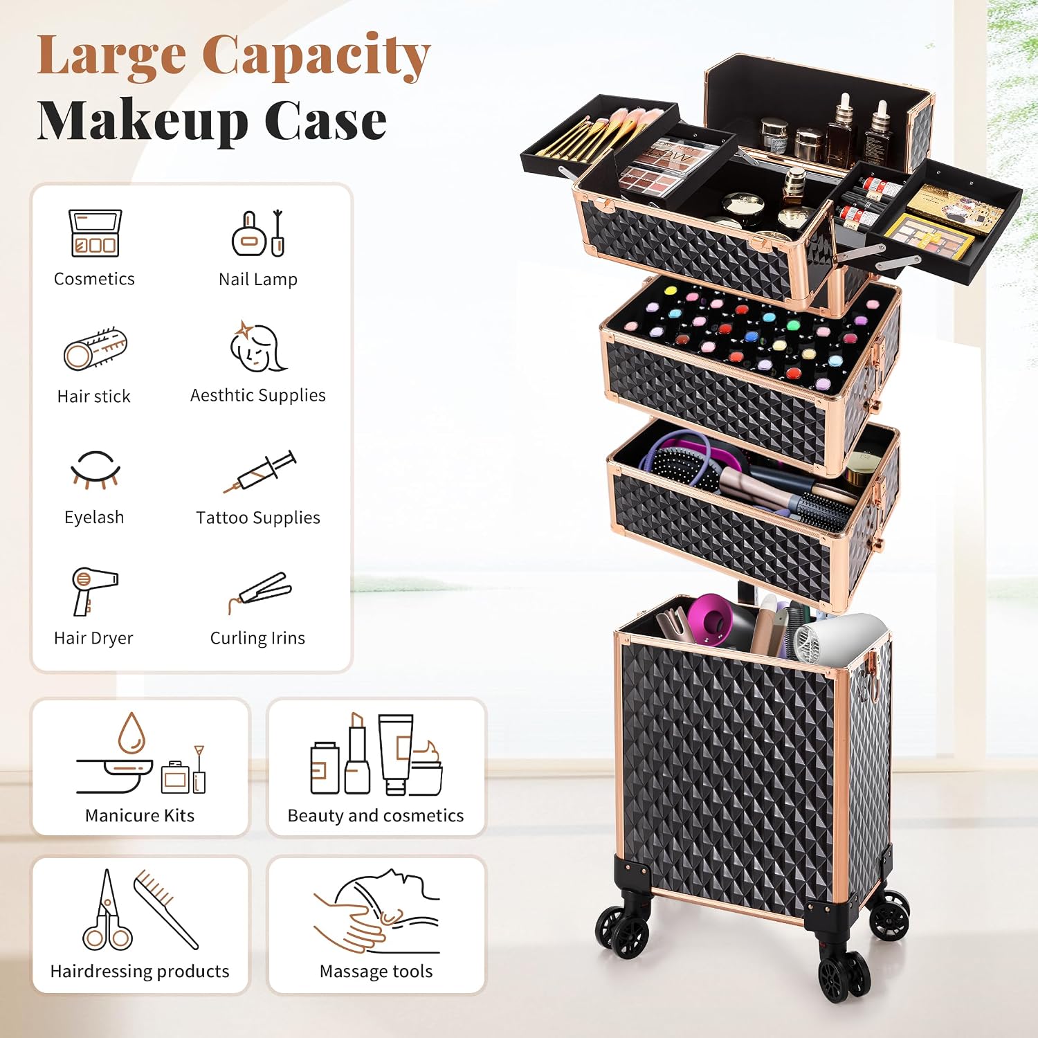 AROUS Rolling Makeup Train Case 4 in 1 Cosmetology Case on Wheels Large Storage Cosmetic Trolley with Key Salon Barber Case Traveling Cart Trunk,Gold&Black