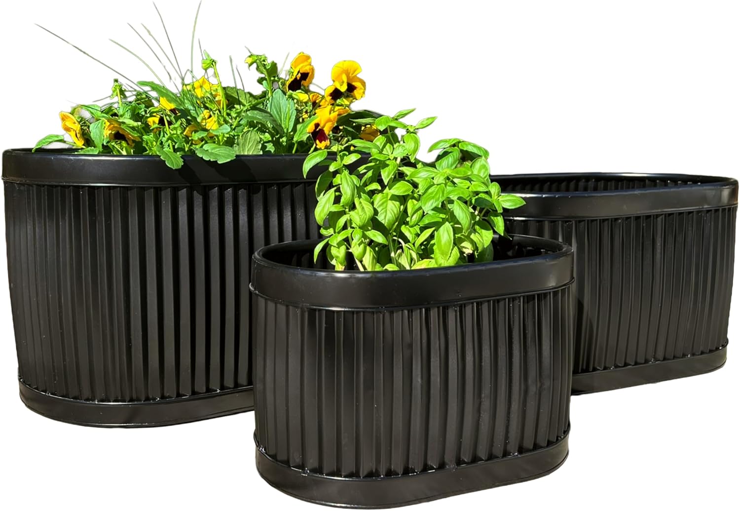 WHW Whole House Worlds French Country Style Oval Planters, Set of 3, Glossy Black, Galvanized Metal, Chubby Belly, Corrugated Cache Pots, Rustic, Over 2 FT, 24.5, 20 and 14.5 Inches