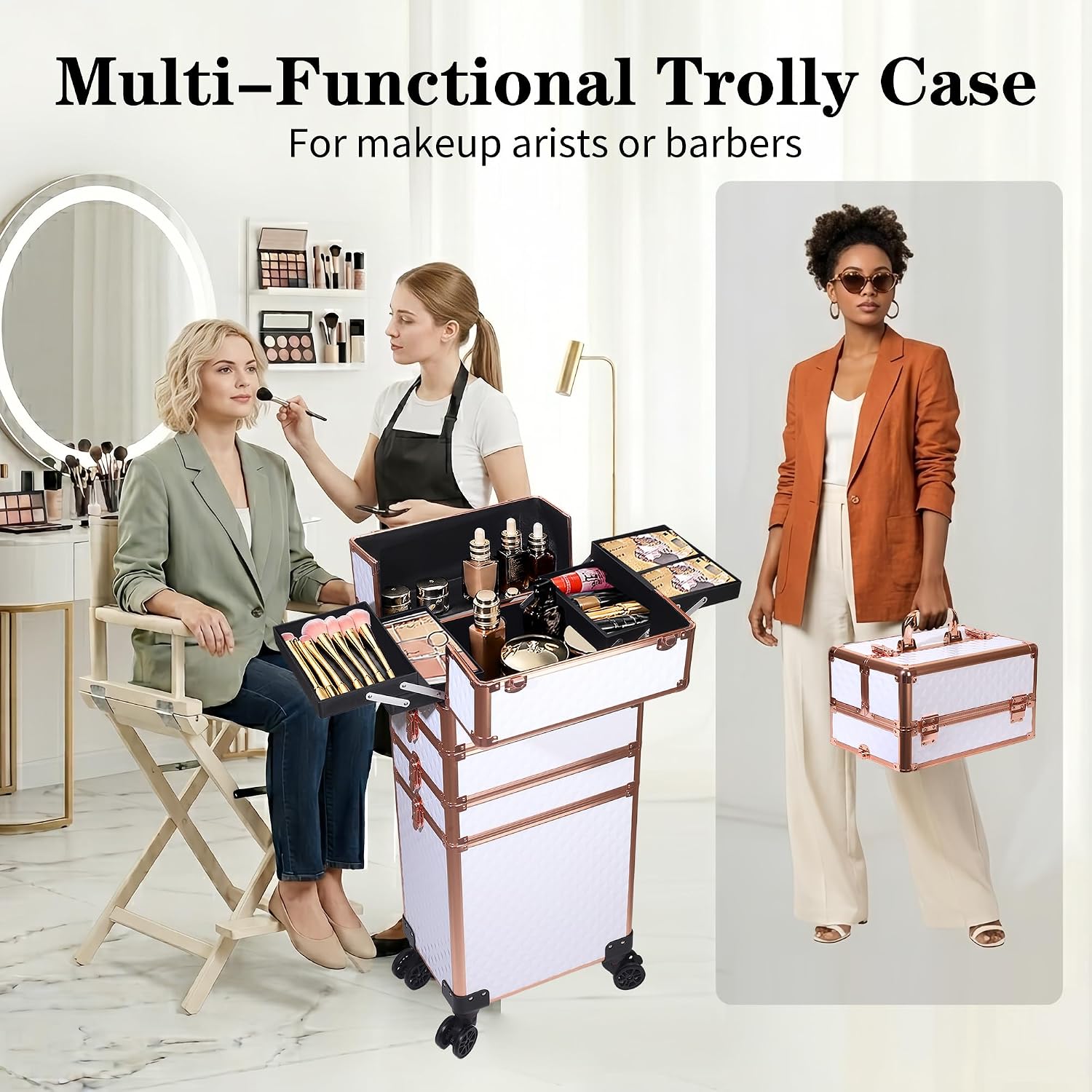 5 in 1 Rolling Makeup Train Case Professional Cosmetic Trolley Large Storage Organizer on Wheels for Hairstylist Artist Nail Beauty Salon Barber White - Gold Frame