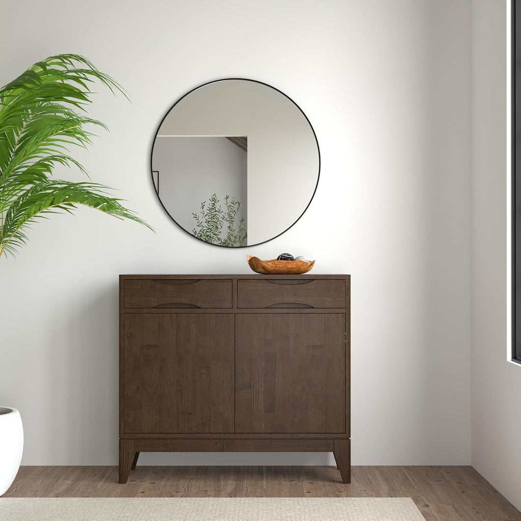 SIMPLIHOME Harper Storage Cabinet - 40 inch Wide Solid Wood Medium Storage Cabinet in Walnut Brown, Mid-Century Modern Cupboard for Entryway or Dining Room with Drawers, Tapered Legs, and Shelves