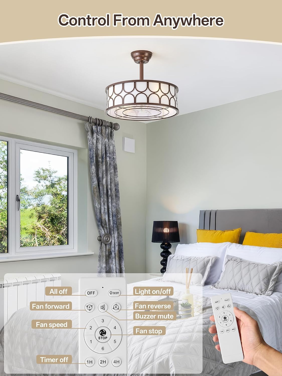 20' Brown Boho Fandelier Ceiling Fan with Lights, Caged Bladeless Ceiling Fan with Light Remote Control, Chandelier with 6 Speeds for Bedroom, Nursery, Living Room