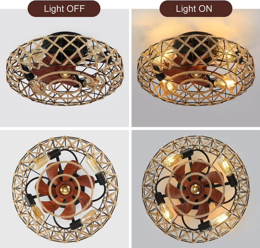 20''Rustic Hemp Rope Caged Ceiling Fans with Lights and Remote Hand-Woven Rattan Flush Mount Ceiling Fan with Light Farmhouse Boho Include Bulbs 6 Speeds Reversible for Bedroom,Kitchen Island