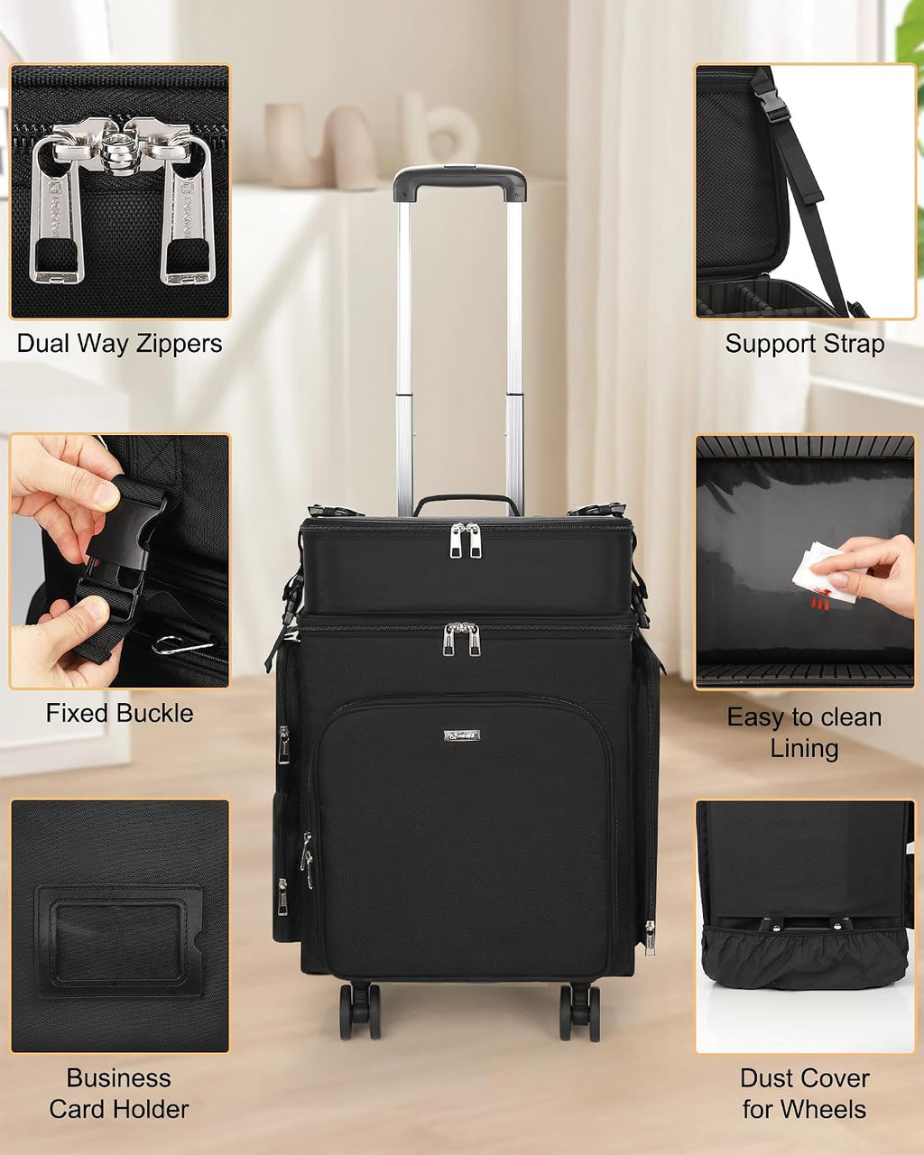 Relavel Rolling Makeup Case, 2 in 1 Hairstylist Traveling Bag Cosmetology Case on Wheels Large Hair Tools Cosmetics Train Case Makeup Artist Storage Organizer Trolley Suitcase with 360° Swivel Wheels