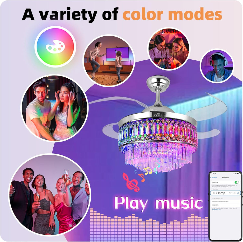 Retractable Crystal Ceiling Fan with Lights, Bluetooth Ceiling Fan with Speaker, 6-Speed Reversible Blades, RGB-LED Light, Remote & APP Control Crystal Chandelier for Bedroom Living Room 42'
