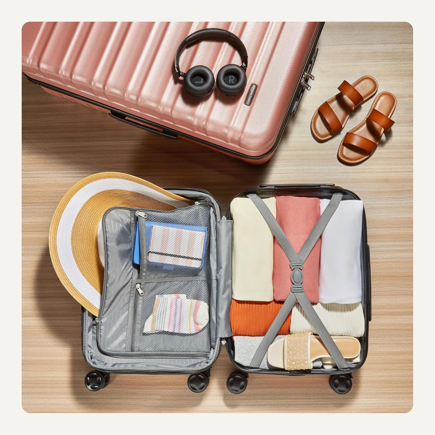 Amazon Basics 2-Piece Hardshell Suitcases Set (21', 30'), Expandable Travel Luggage with Scratch-Resistant Surface, Four Multi-directional Wheels, Telescopic Handle, Rose Gold