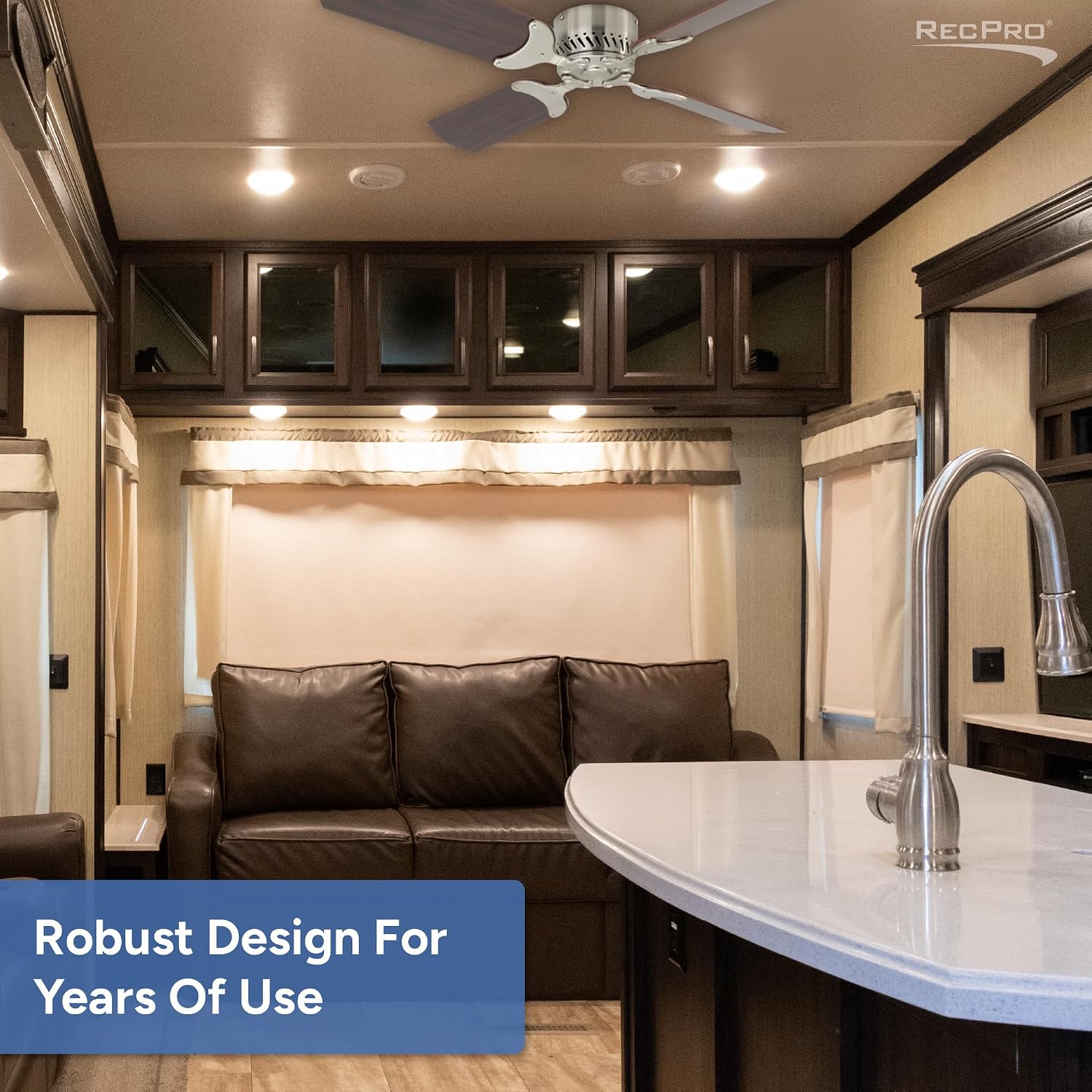 RecPro RV 12V Ceiling Fan | 4-Blade | 4-Speed | Near Silent Operation | Reversing Direction Wall Control (Brushed Nickel: Cherry Blades, 42')