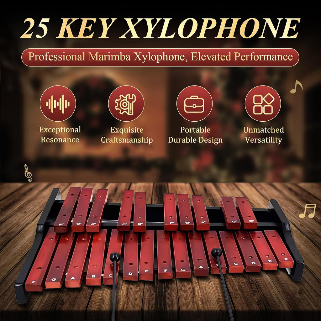 Marimba Wooden Xylophone 25 key,Úvod do hudby with Carrying Case | Accurate tone;Made of solid wood;Waterproof protective case