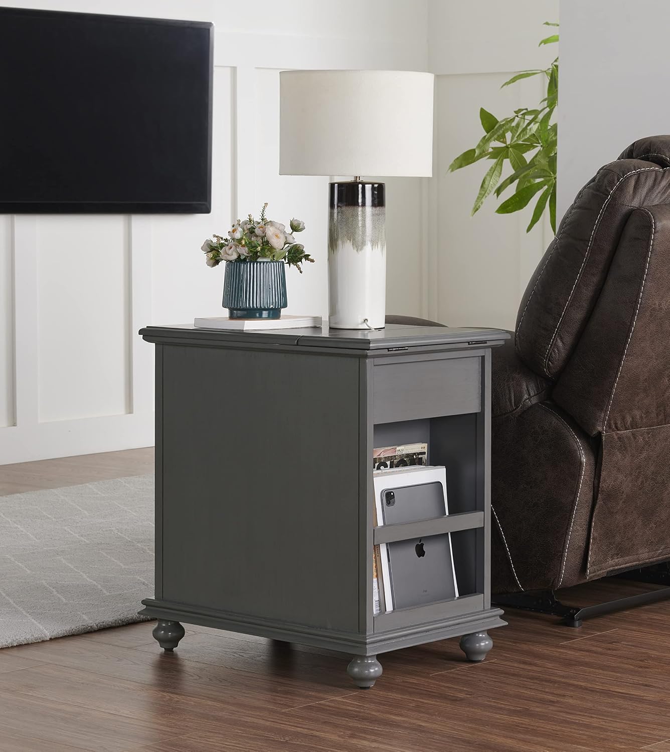 Martin Svensson Home Elegant Chairside End Table with Power — 24″W x 16″D x 25″H, Gray — Transitional Painted Accent Table with Flip-Top USB Charging, Drawer & Cabinet Storage