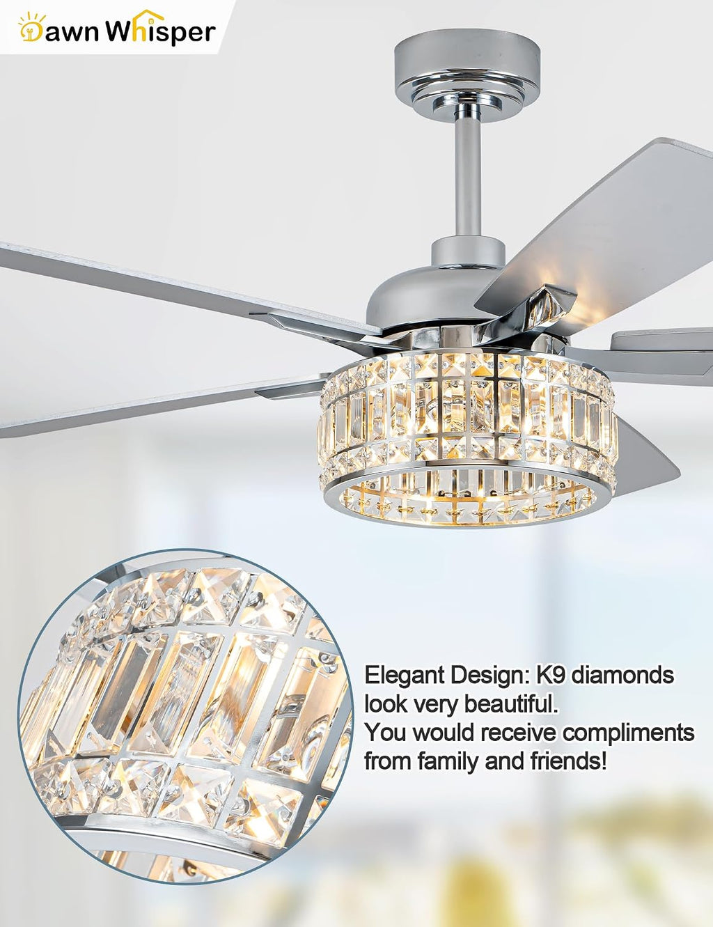 Dawn Whisper 52 Inch Modern Ceiling Fans with Lights Low Profile Silver Crystal Fandelier Ceiling Fans with Remote for Living Room Bedroom Kitchen Quiet Reversible DC Motor 6 Speeds Dual Finish