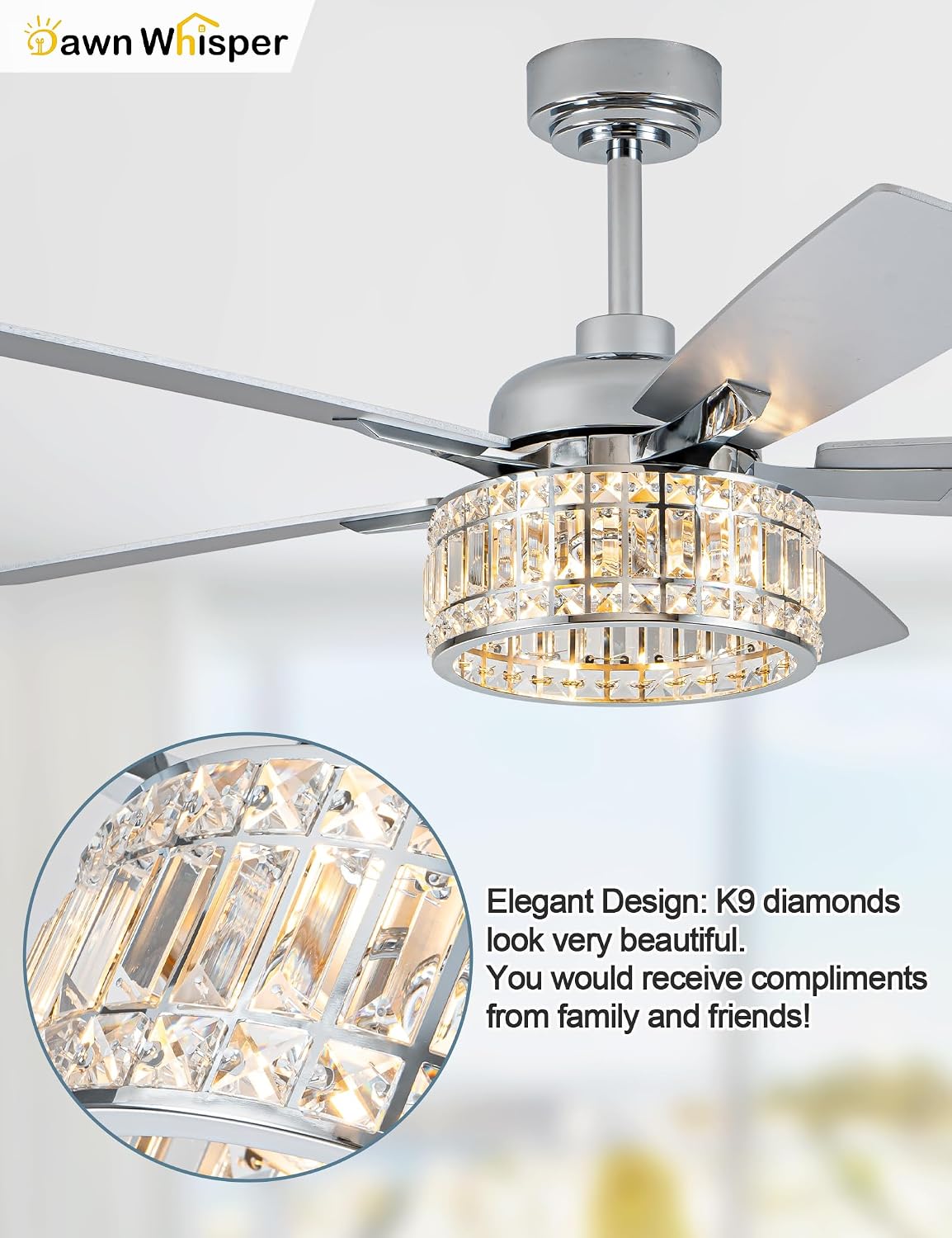 Dawn Whisper 52 Inch Modern Ceiling Fans with Lights Low Profile Silver Crystal Fandelier Ceiling Fans with Remote for Living Room Bedroom Kitchen Quiet Reversible DC Motor 6 Speeds Dual Finish