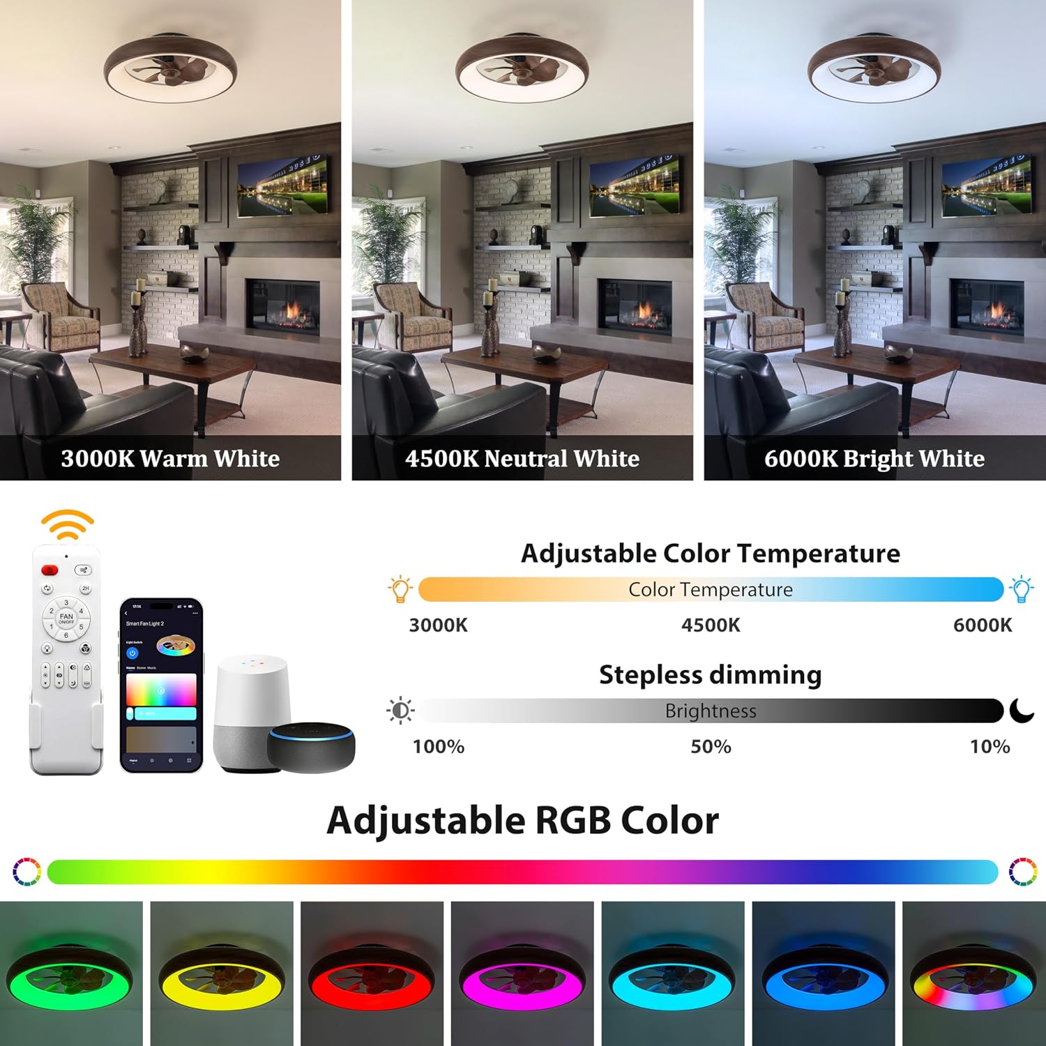 Low Profile Ceiling Fans with Lights, Dimmable Smart RGB Ceiling Fan With Alexa/Google Assistant/App/Remote Control, 6-Speeds Reversible Walnut Woodgrain LED Ceiling Fan for Bedroom Kitchen Foyer