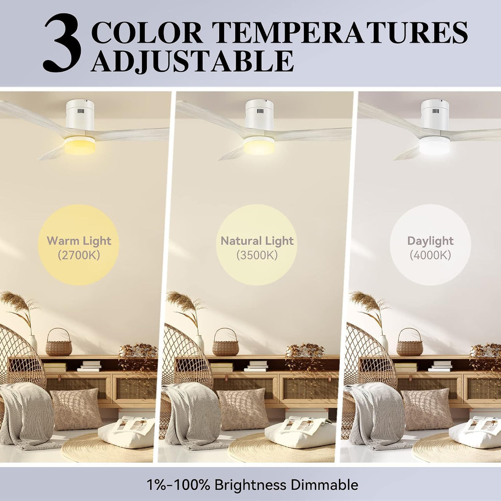 SMAAIR 52 Inch Flush Mount Smart Ceiling Fan with Dimmable Led Light, 3 Carved Wood Blades Modern Low Profile Ceiling Fans Compatible with Alexa,Remote Control,Timer & Schedule Function,White