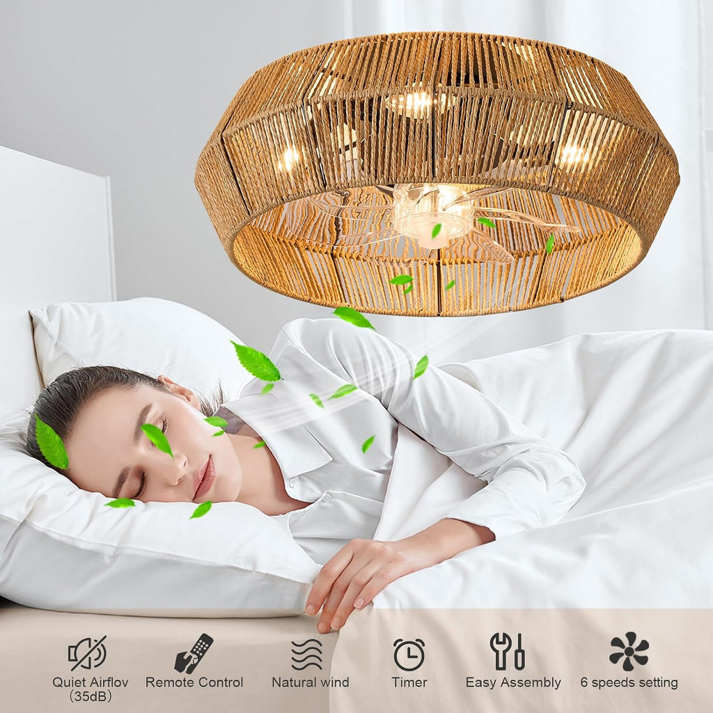Caged Ceiling Fan with Lights, 18' Boho Ceiling Fans with Lights, Handmade Woven Cage Ceiling Fan, Enclosed Timing 6 Speeds Reversible, for Bedroom Living Room Farmhouse Indoor