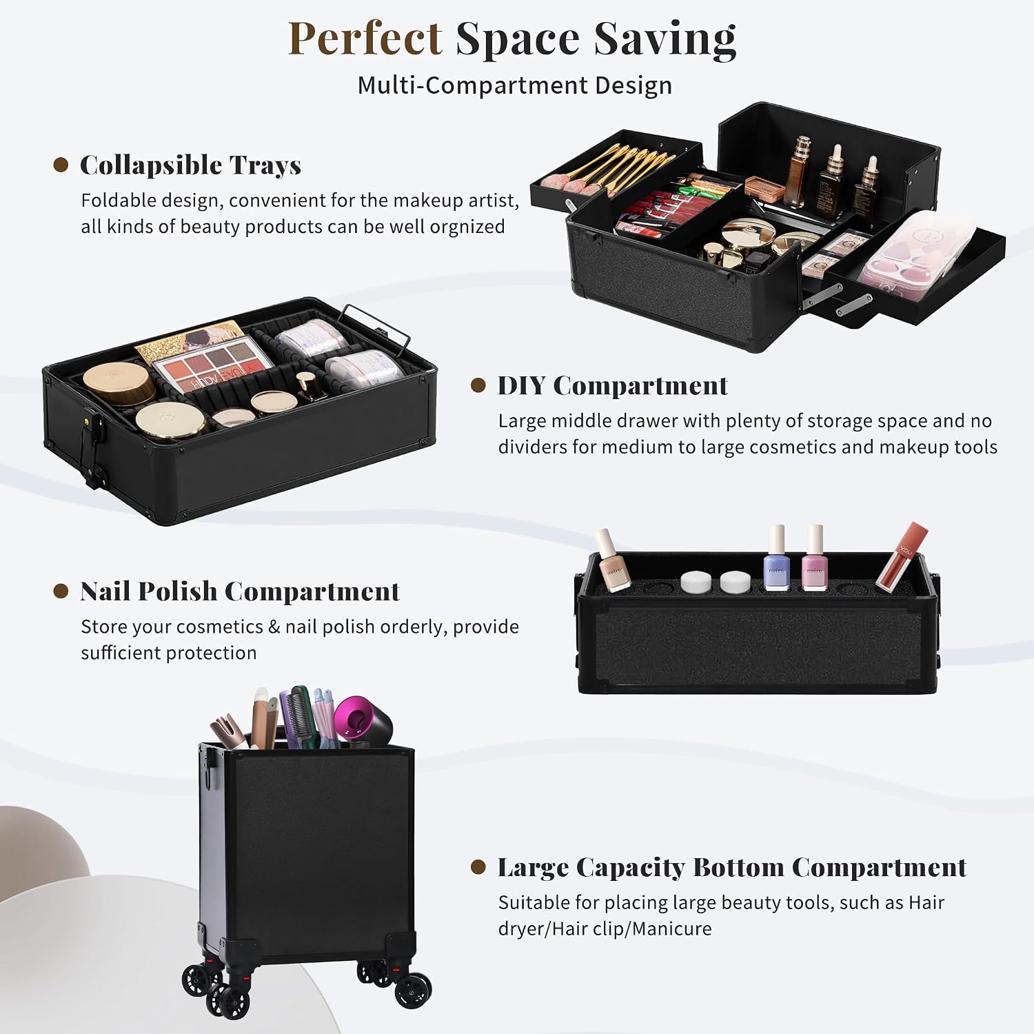 Profesional Rolling Makeup Train Case with Lid, 5 in 1 Cosmetology Case on Wheels, Large Cosmetic Trolley Organizer Travel for Hairstylist Artist Nail Beauty Salon Barber, Black