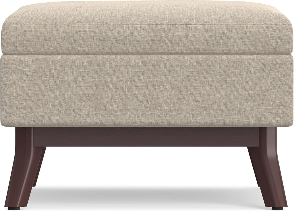 SIMPLIHOME Owen Coffee Table Storage Ottoman - 34' Wide x 19' High Upholstered Linen Look Fabric Rectangular Lift-Top Ottoman in Natural, Mid-Century Modern Bench for Living Room with Tapered Legs