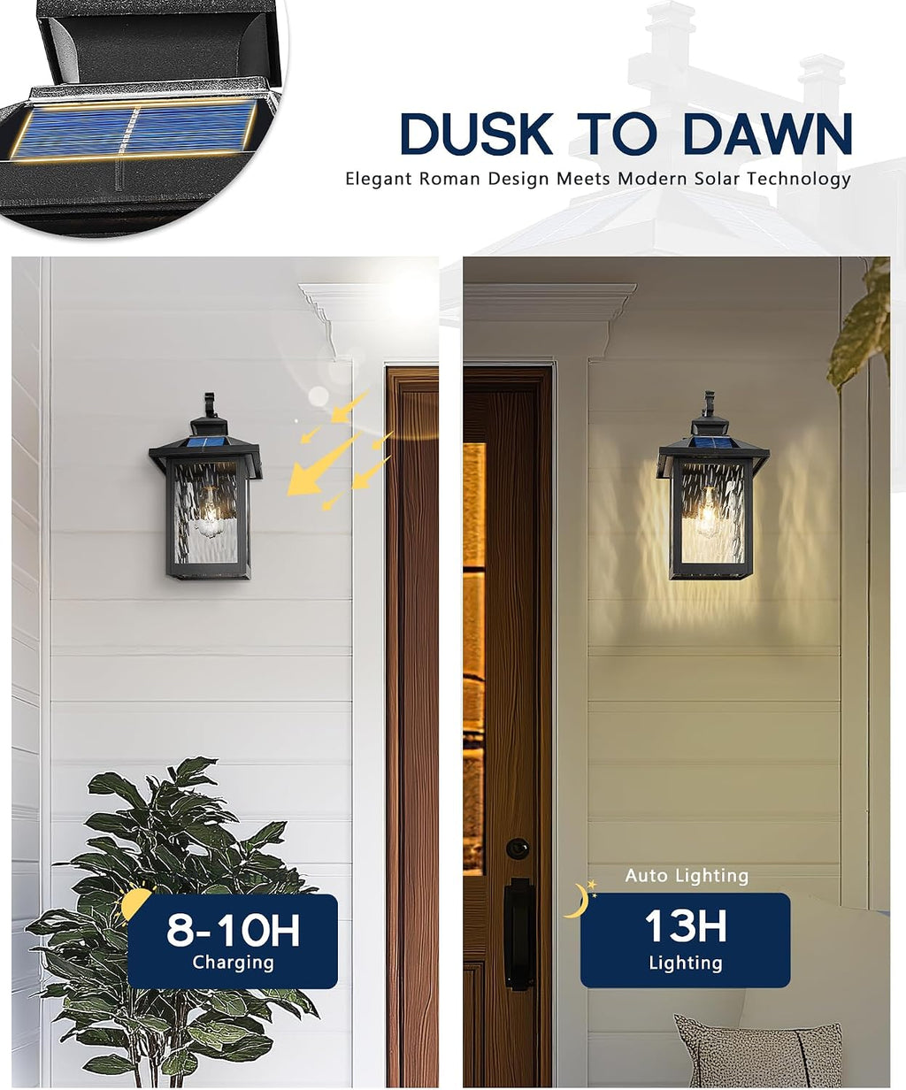 FEMILA Solar Outdoor Wall Lights Exterior, Modern Solar Lights for House | 16.7', 2700K bulb included, aluminum glass body, dusk to dawn, dimmable, up to 12h runtime, timer settings, industrial style