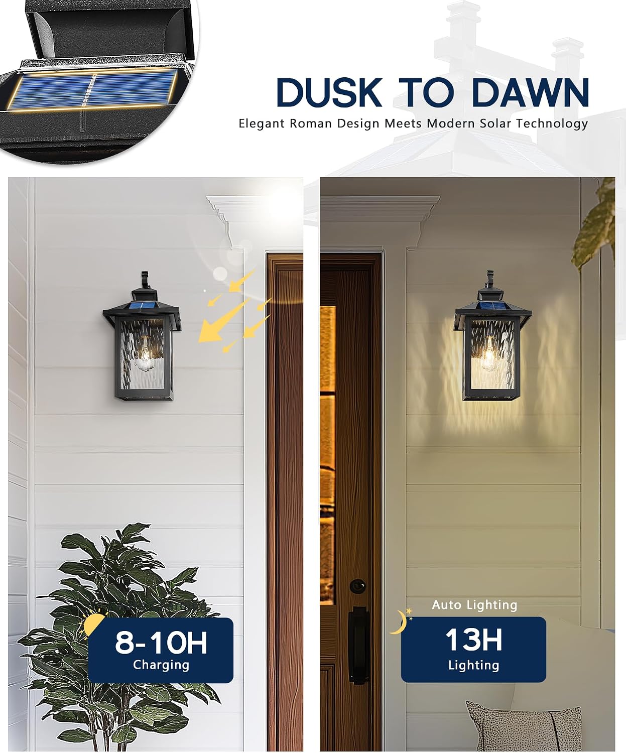 FEMILA Solar Outdoor Wall Lights Exterior, Modern Solar Lights for House | 16.7', 2700K bulb included, aluminum glass body, dusk to dawn, dimmable, up to 12h runtime, timer settings, industrial style
