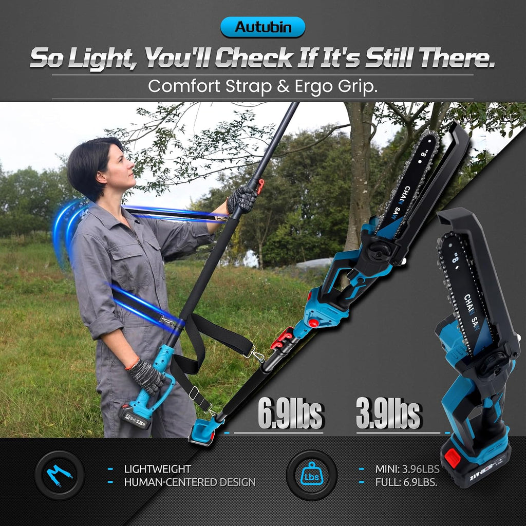 Cordless 2-in-1 Pole Saw & 8' Mini Chainsaw,Brushless 1200W Motor,2x21V 4.0Ah Batteries,Extension Pole with 0-180° Adjustable Head,Auto Oiling,Max 16FT Reach for Tree or Branches Tree Trimming