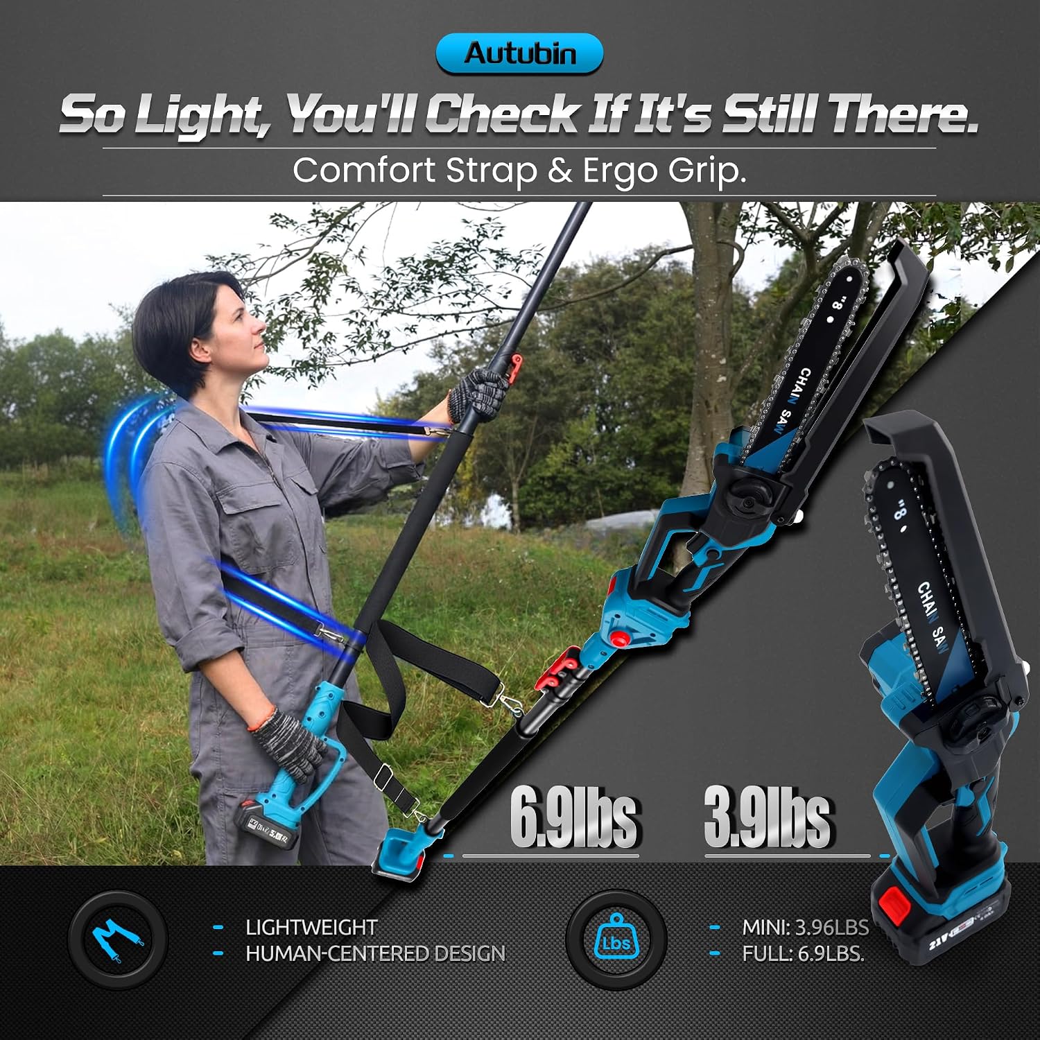 Cordless 2-in-1 Pole Saw & 8' Mini Chainsaw,Brushless 1200W Motor,2x21V 4.0Ah Batteries,Extension Pole with 0-180° Adjustable Head,Auto Oiling,Max 16FT Reach for Tree or Branches Tree Trimming