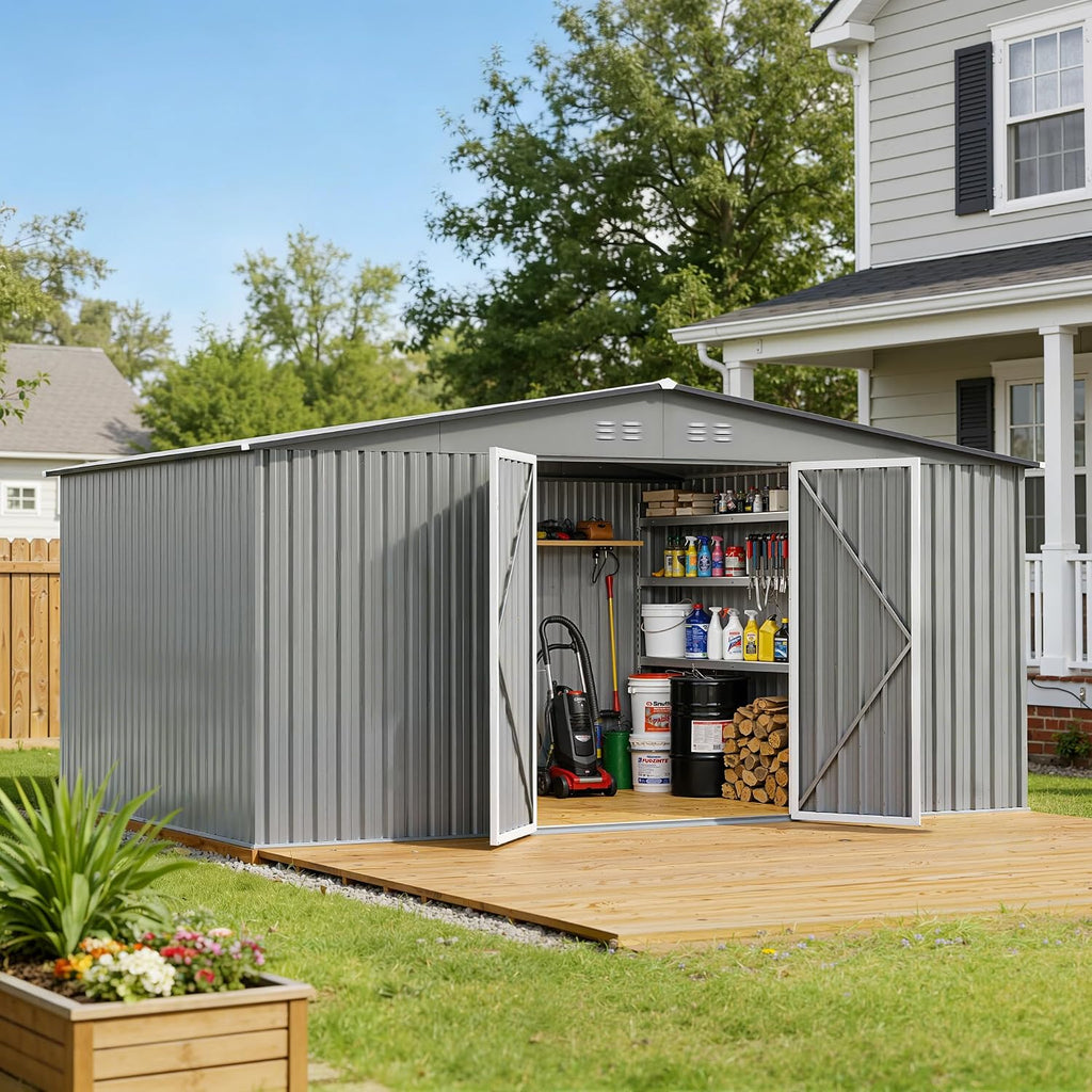 12 x 10FT Grey Outdoor Storage Shed, Metal Waterproof Shed Garden Tool Shed with Door and Lock Outdoor Storage,All-Weather Shelter for Bike, Gardening Tools, Lawn Mowers